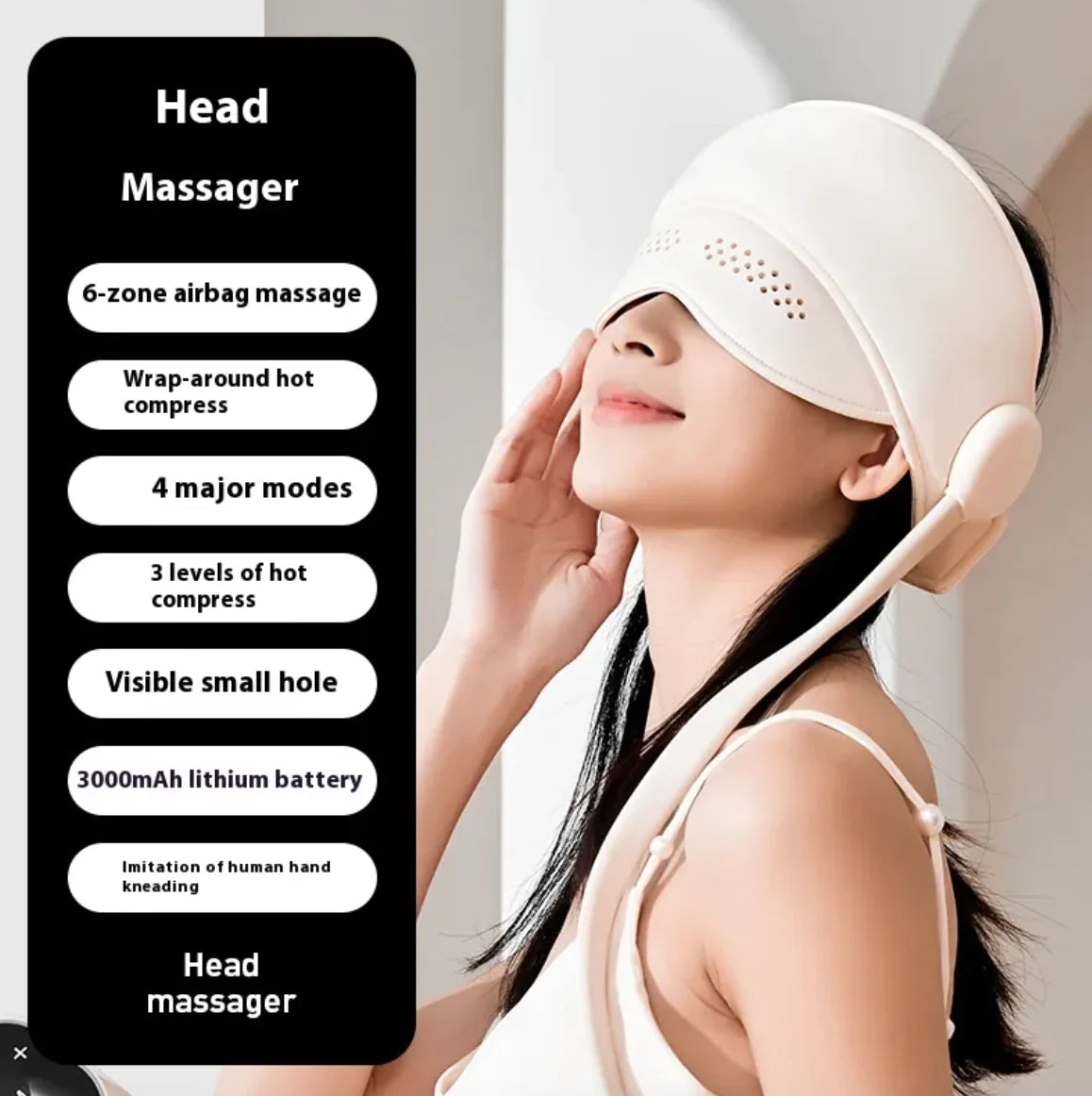 Woman wearing a head massager with features listed on the left
