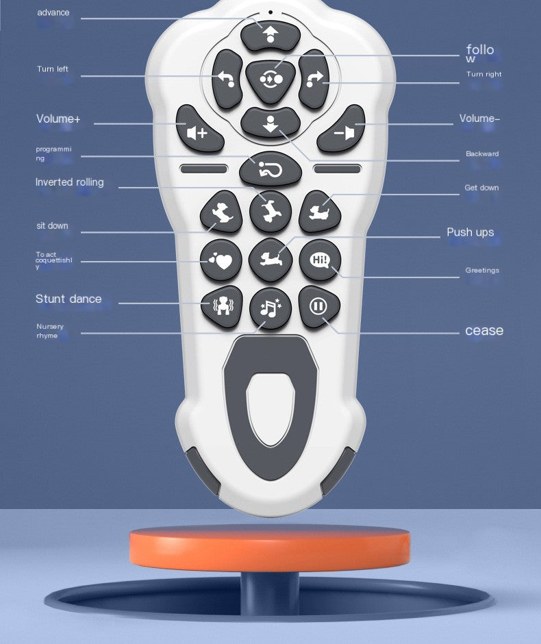 White remote control with black buttons on a blue background