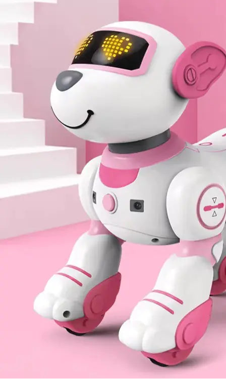 Pink and white robot dog toy on a pink background