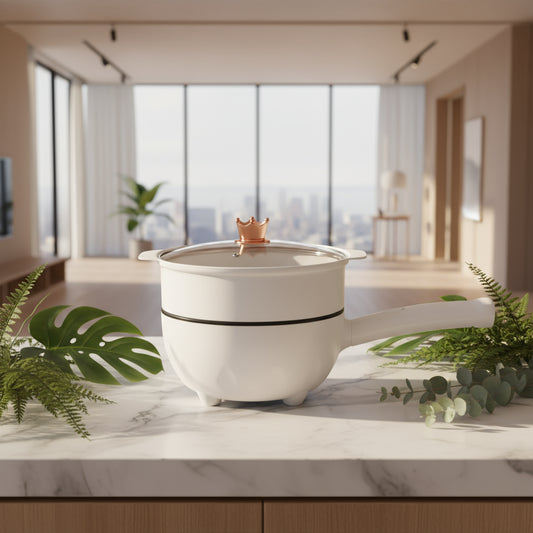 White saucepan with a clear lid and rose gold crown on a white background