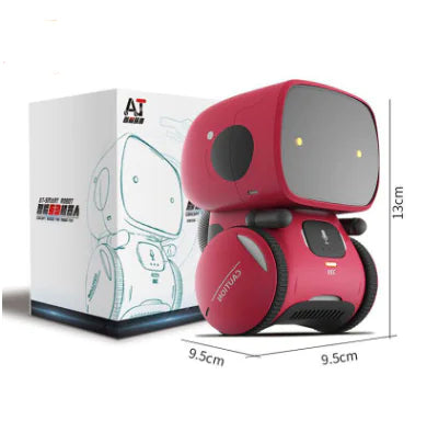 Red robot toy with dimensions and packaging on a white background