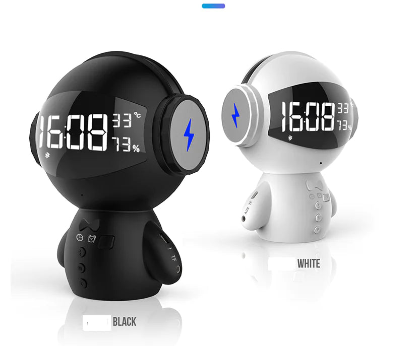 Black and white robot-like devices with digital displays on a white background