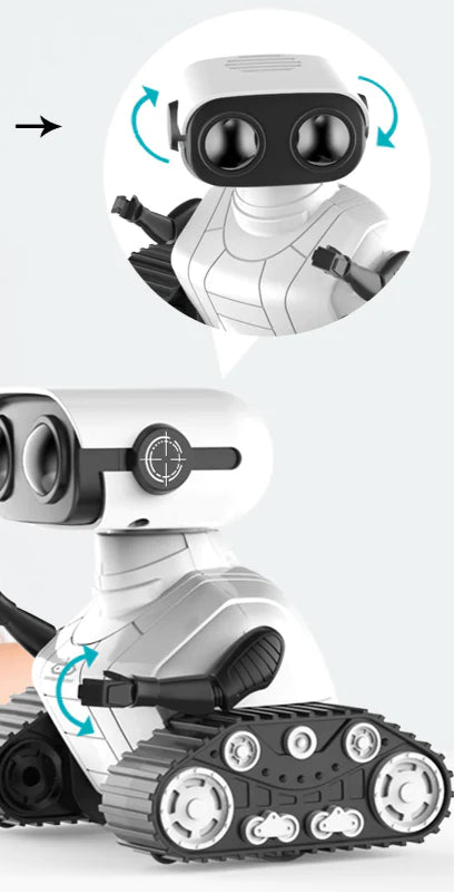 Child looking at a robot toy with a close-up of the robot's head on a gray background.