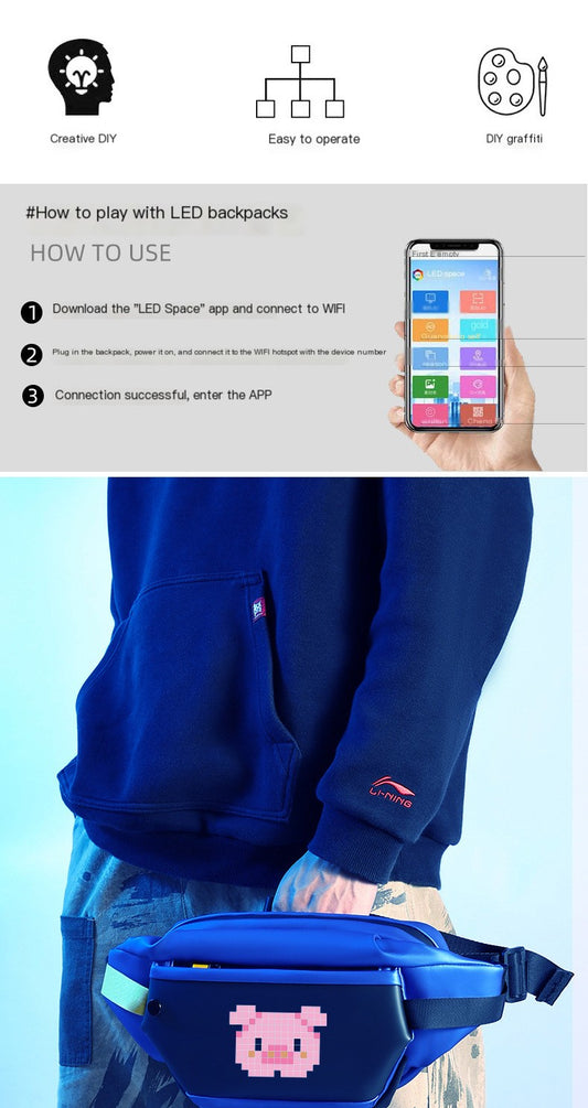 Blue LED backpack with pink pig design worn by a person, held by a hand with a smartphone displaying an app interface.