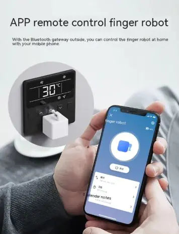 Finger robot controlled by smartphone app with digital thermometer in background