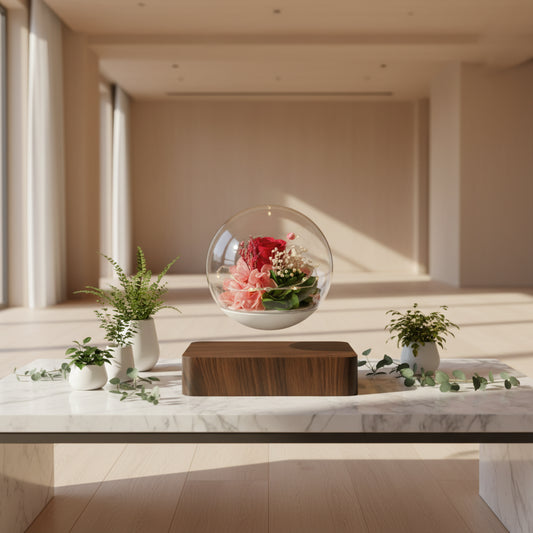 Decorative glass sphere with flowers on a wooden base against a white background