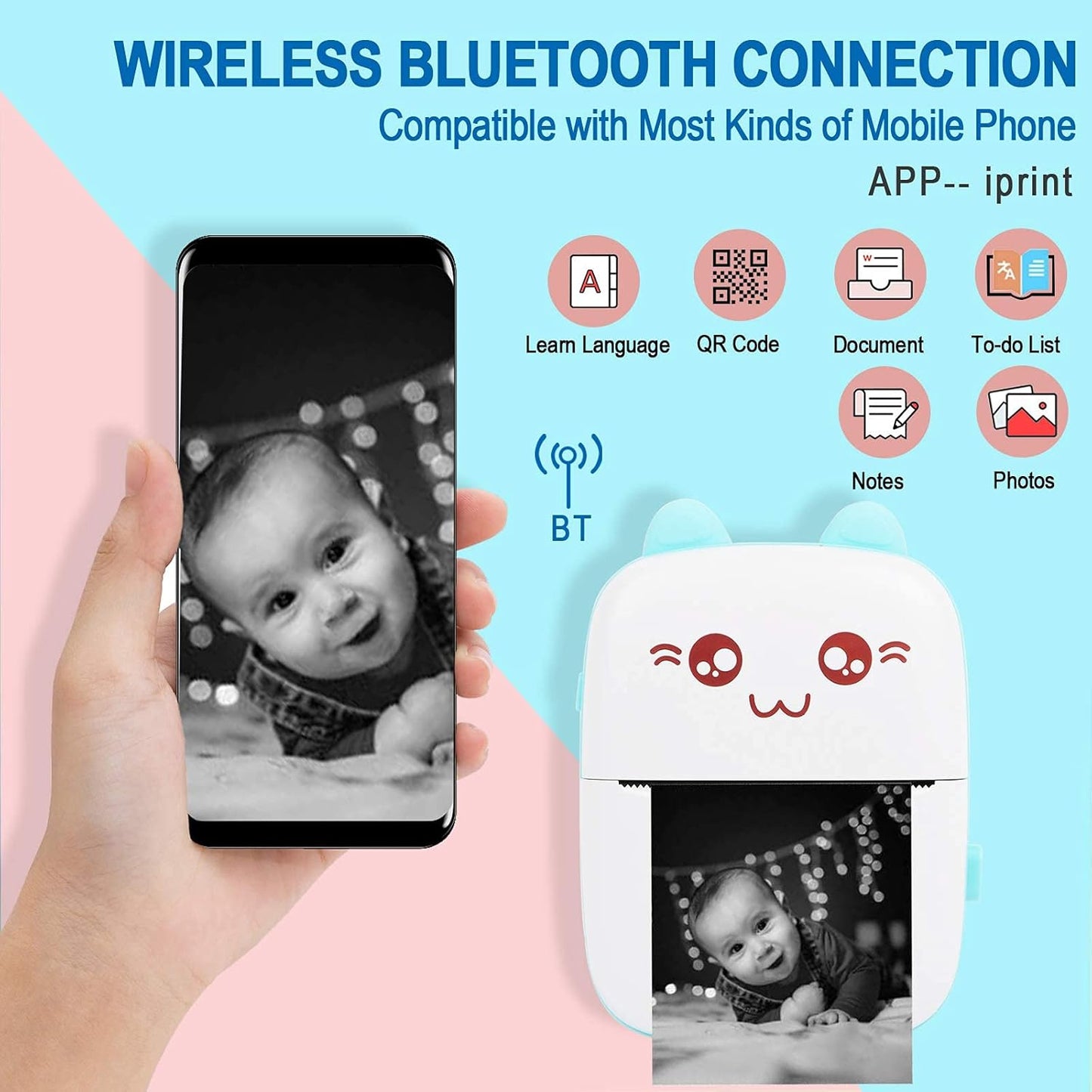Wireless Bluetooth connection device with smartphone and baby photo, app icons on a blue background