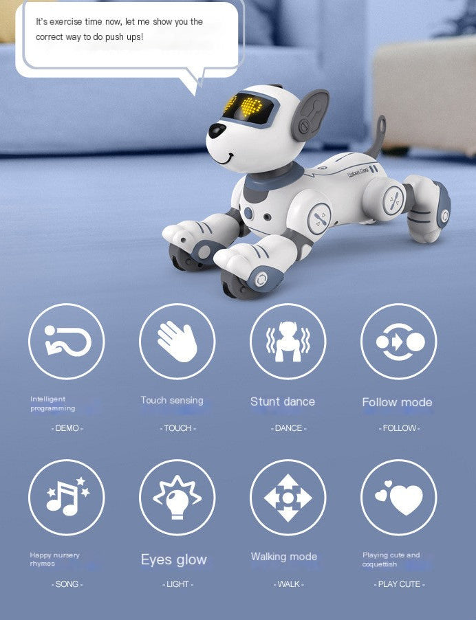 Toy robot dog with features and functions displayed on a blue background