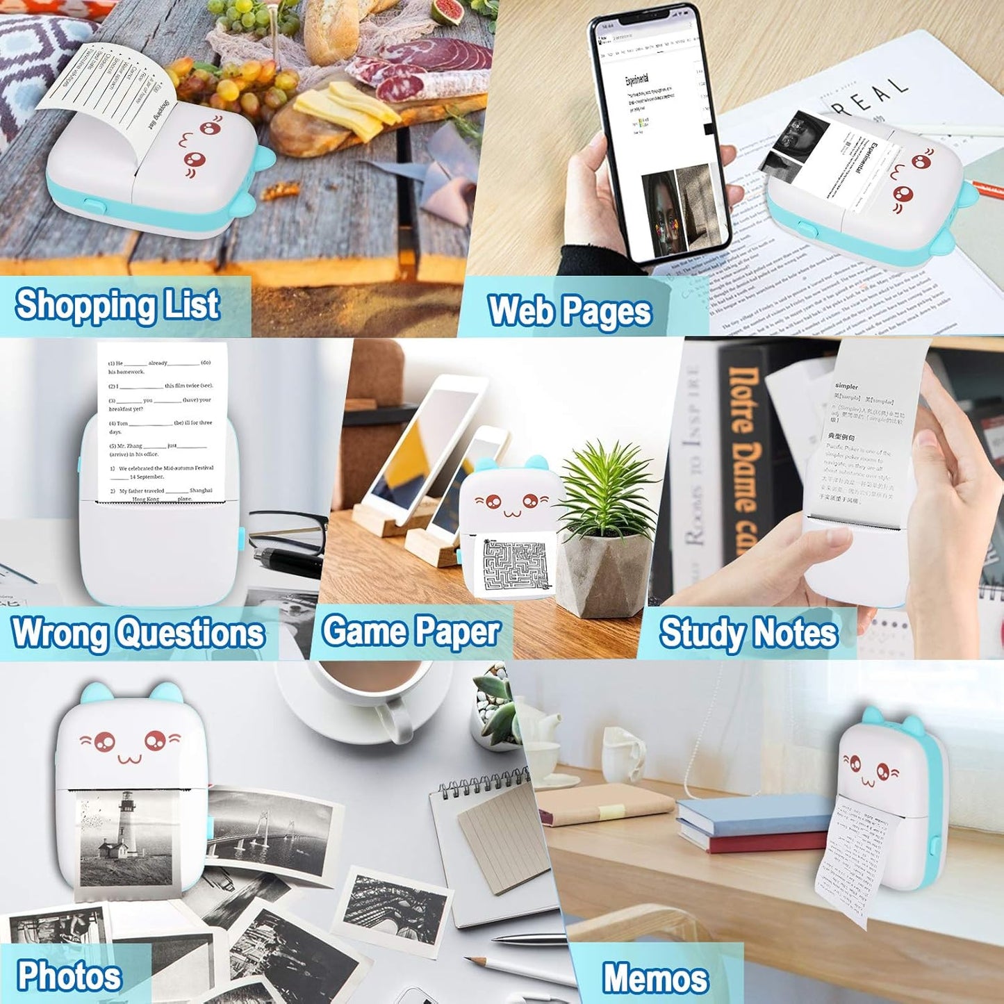 Collage of a small printer being used for various tasks on a table.
