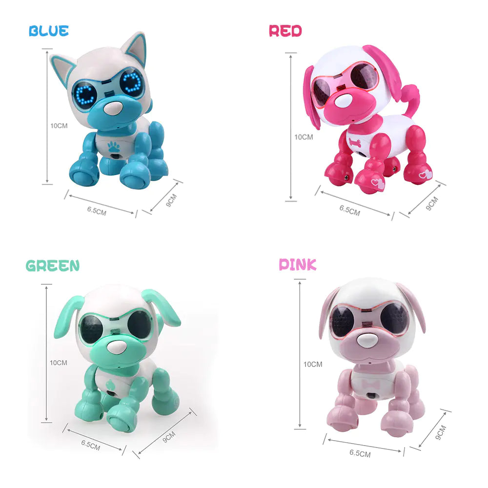 Four colorful toy robots with measurements on a white background