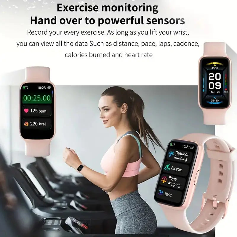 Smartwatch with fitness tracking features displayed on a screen, with a woman exercising in the background.