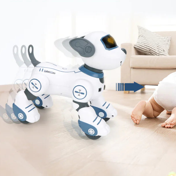 Toy robot dog with a child in a living room setting