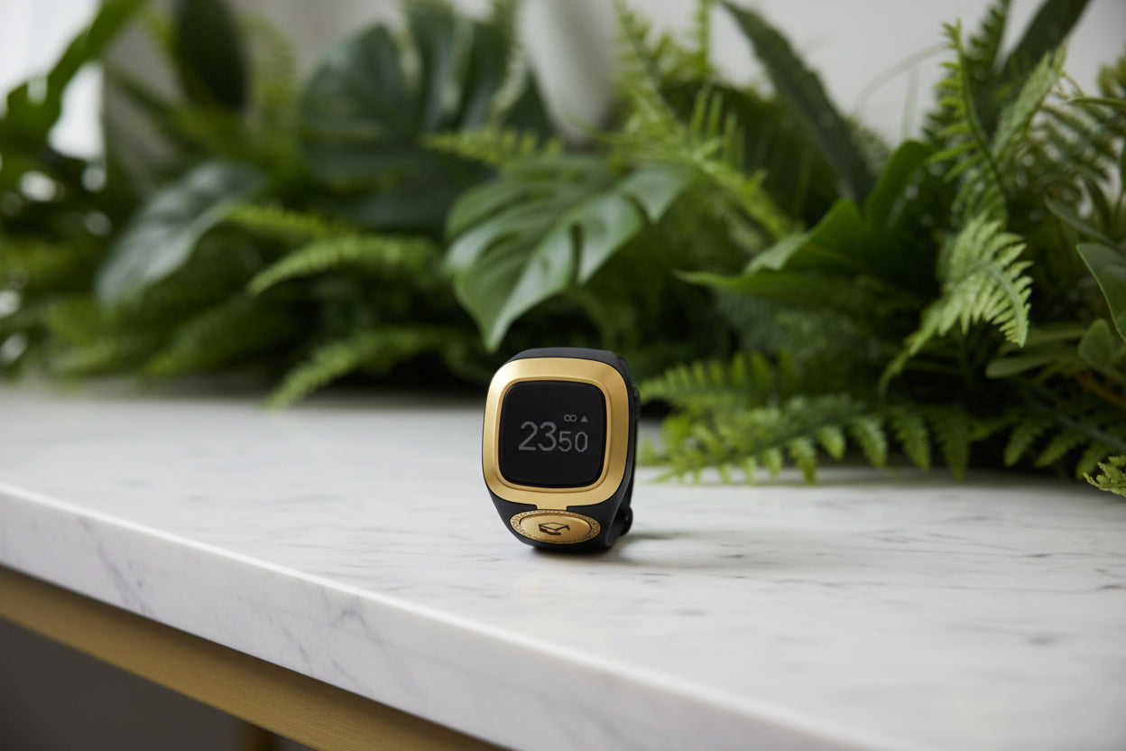 Gold and black digital device with a screen displaying '2350' on a white background