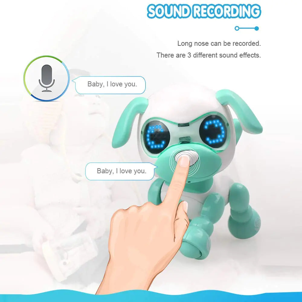 Toy robot with a hand pressing a button, indicating sound recording feature on a white background.