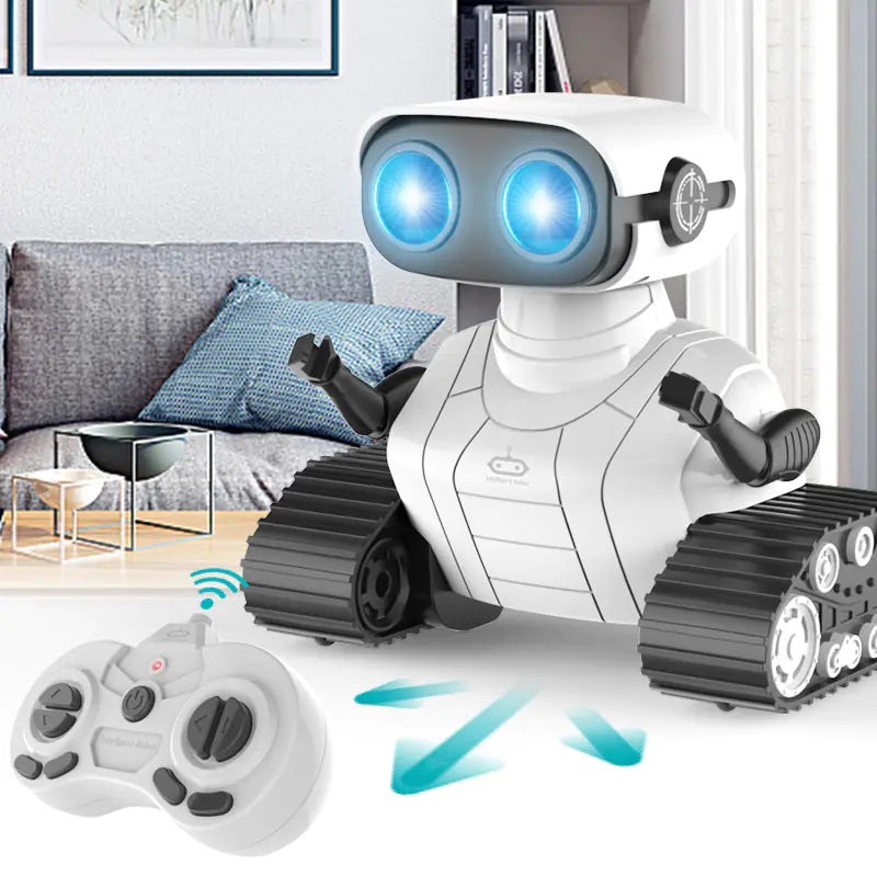 Toy robot with blue eyes and remote control in a living room setting