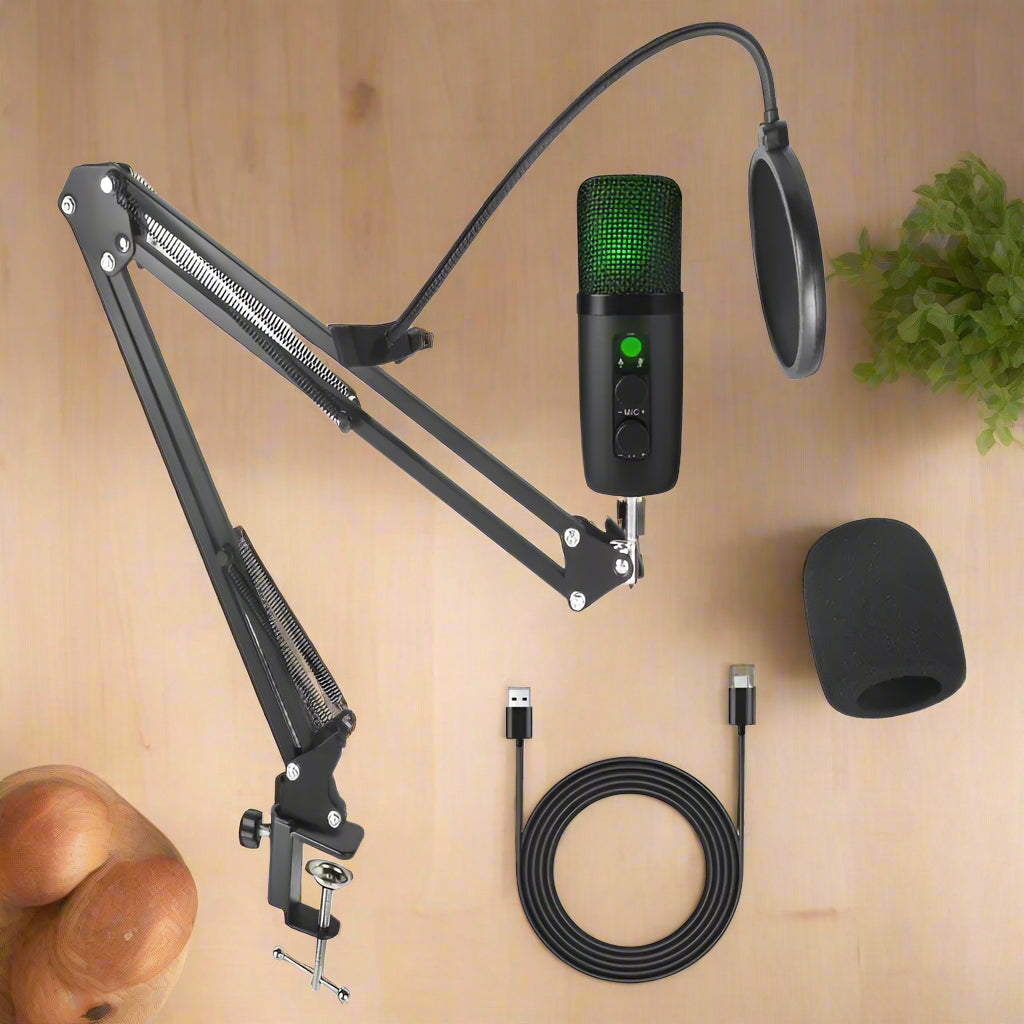 Studio microphone set with stand, pop filter, and cable on a white background