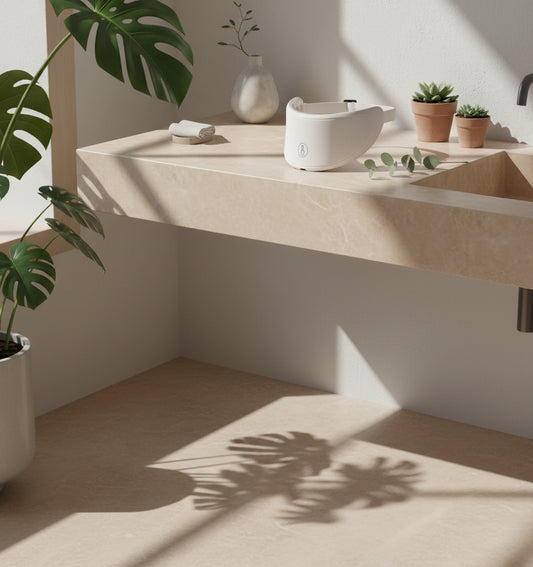 White neck and shoulder massager with power cable and user manual on a white background