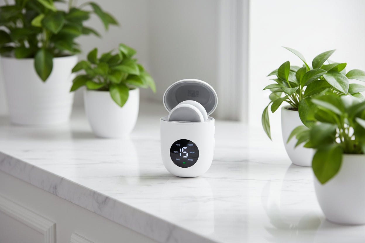 White wireless earbuds in a charging case on a light gray background