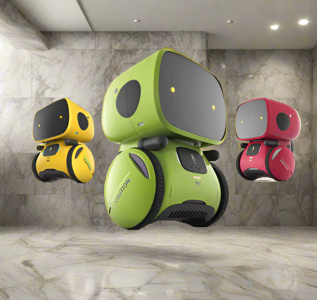 Three colorful early education robots on a white background