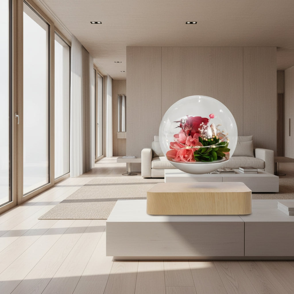 Decorative sphere with flowers on a wooden base against a white background