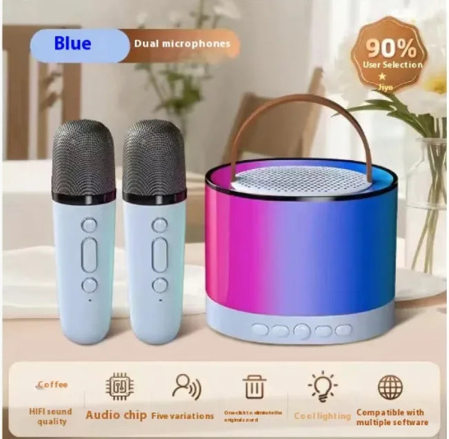 Two microphones and a colorful lamp on a table with text highlighting features.