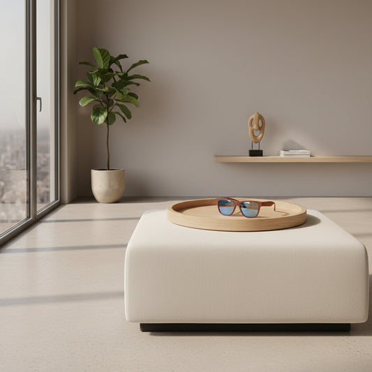 Sunglasses with a wooden frame and blue lenses on a white background