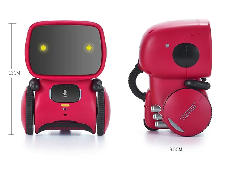 Red early education robot toy with measurements on a white background