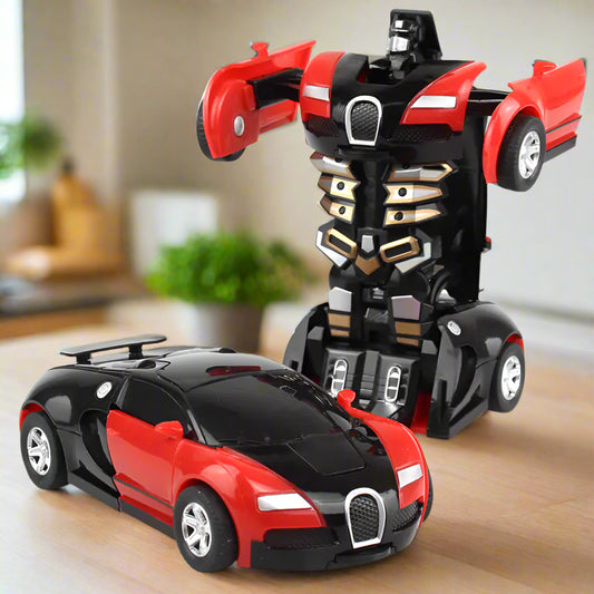Transforming toy car with robot figure on a white background