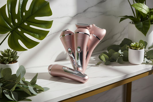 Three rose gold electric shavers on a white background