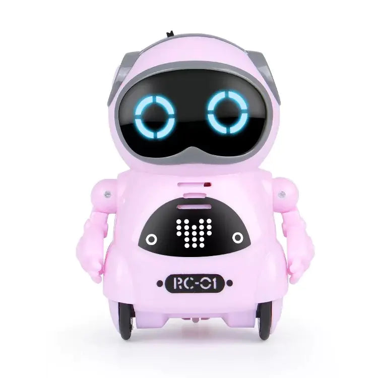Pink robot toy with glowing eyes on a white background
