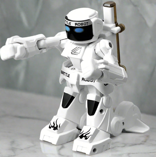 White robot toy with 'BATTLE ROBOT' text on a white background