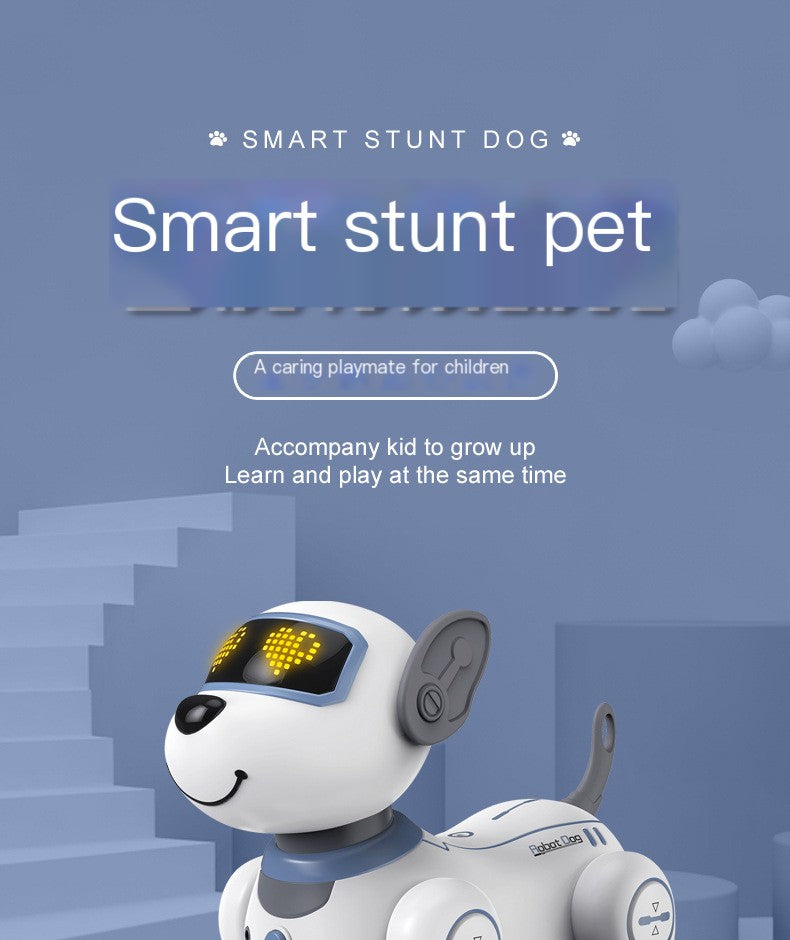 Smart stunt dog toy with text on a blue background