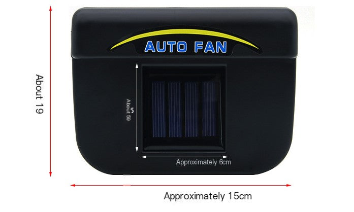 Black auto fan with dimensions indicated on a white background