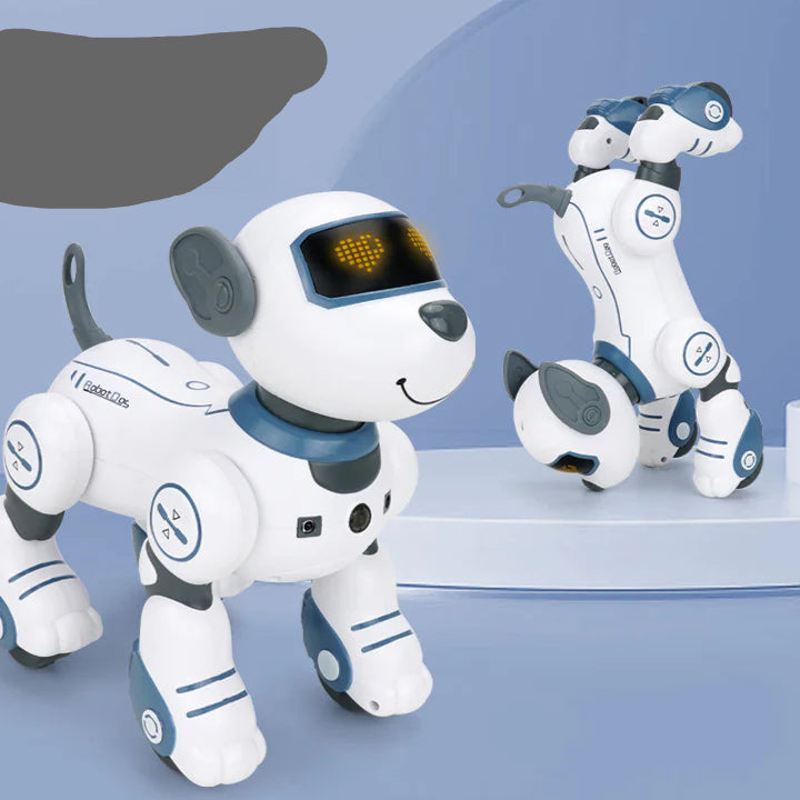 Two robot dogs on a blue background with text in Portuguese.