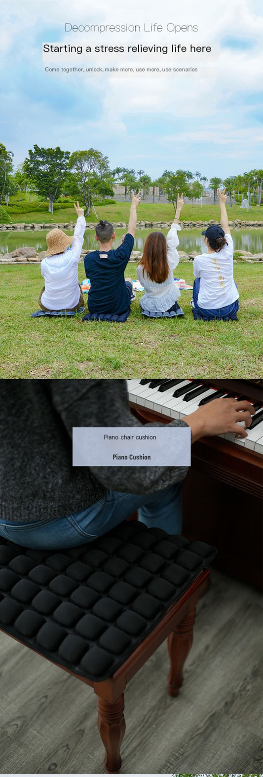People sitting on grass with raised hands, looking at a piano, with text about stress relief.