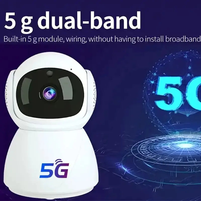 White robot-like device with 5G branding on a dark blue background