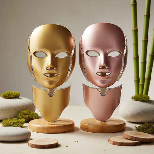 Two metallic masks, one gold and one pink, on a white background