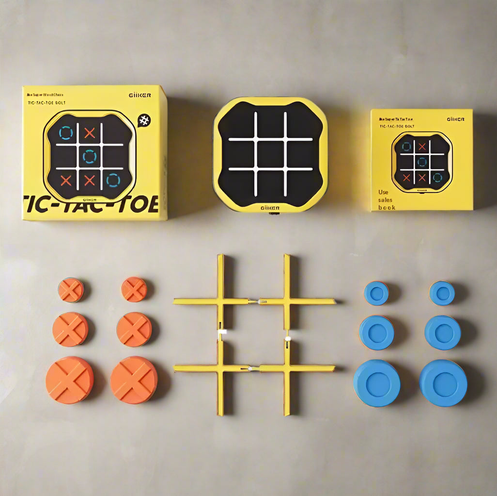 Tic-tac-toe game set with orange and blue markers on a white background