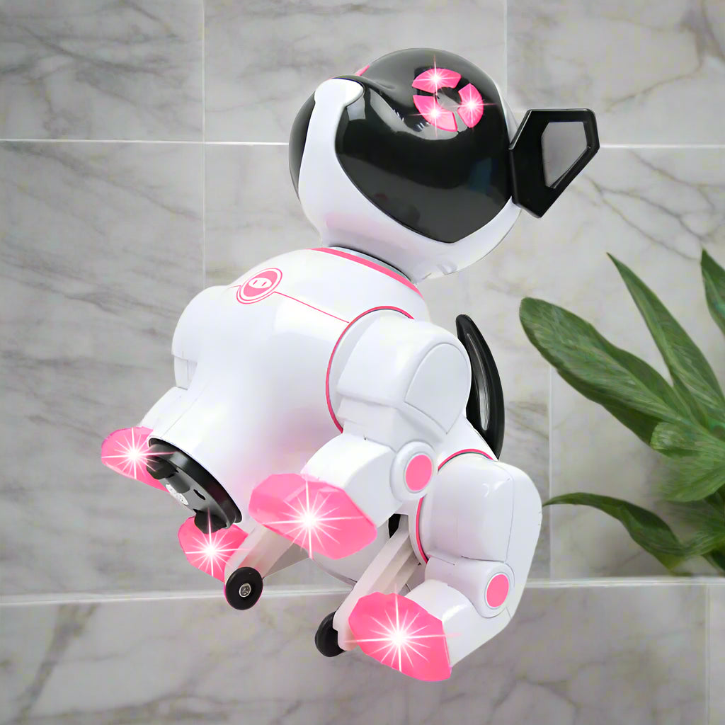 Toy robot with pink accents on a white background