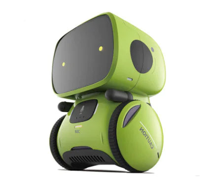 Green robot toy with a screen on a white background
