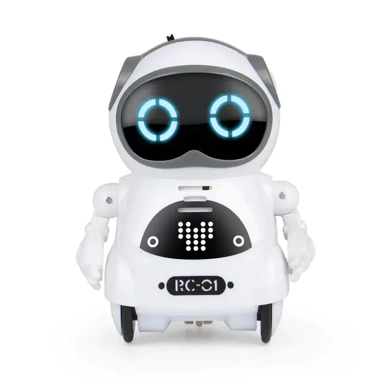 White robot toy with blue lights on a white background