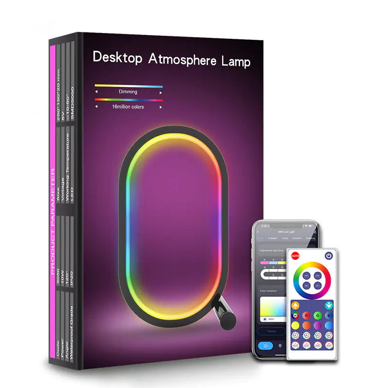 Desktop atmosphere lamp packaging with smartphone and remote control on a white background