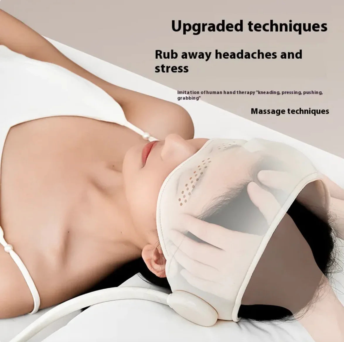 Person receiving a massage with gloved hands on a neutral background