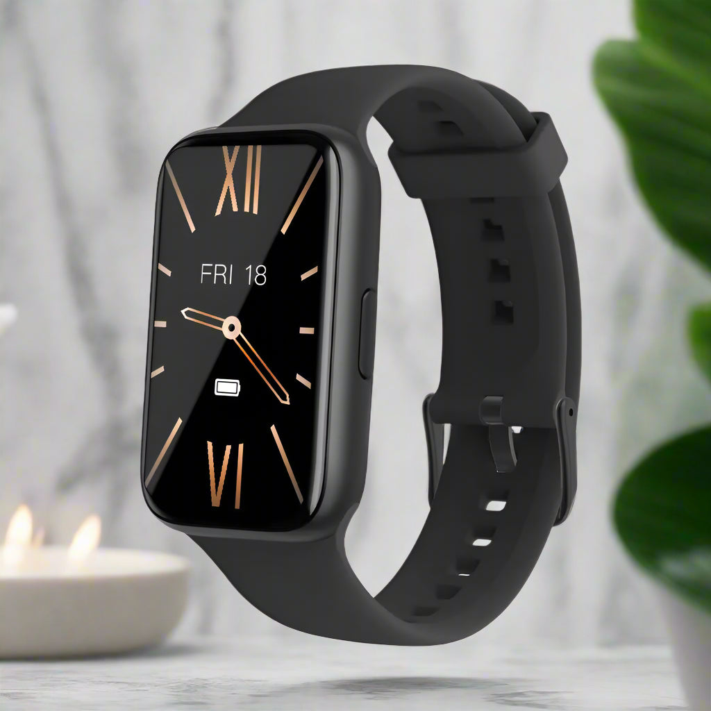 Black smartwatch with a black strap on a white background