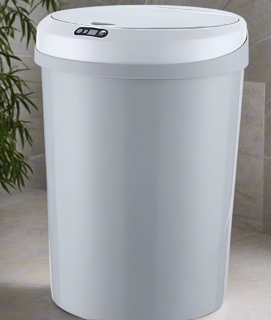 White trash bin with digital display on a white background