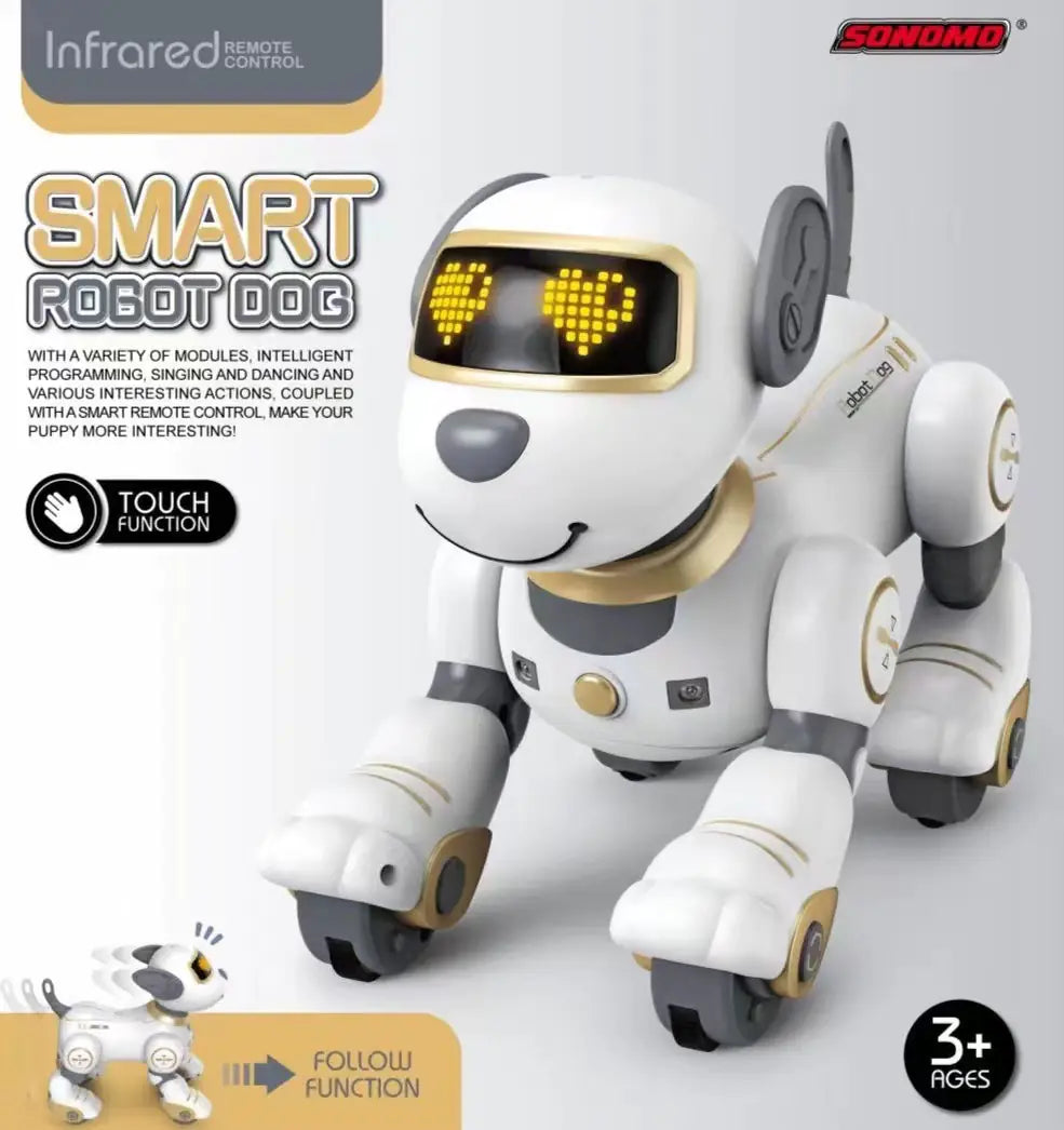 Smart robot dog toy with remote control packaging on a white background