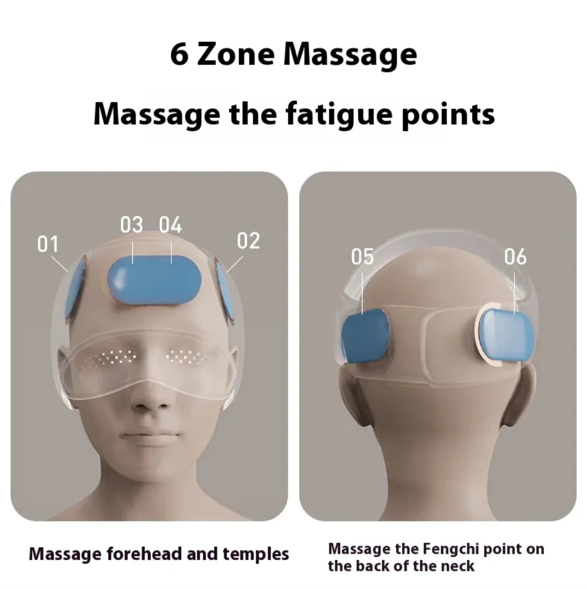 Head massager with labeled zones for 6 zone massage on a neutral background