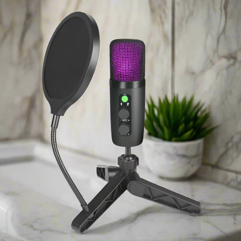 Microphone with pop filter on a stand against a white background