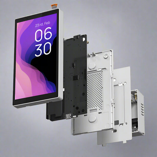 Digital home console device with a colorful screen and metallic back on a white background