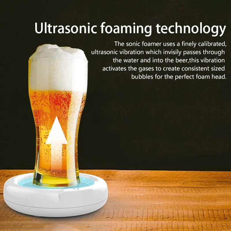 Ultrasonic foaming device with a glass of beer on a wooden surface, featuring text about ultrasonic foaming technology.